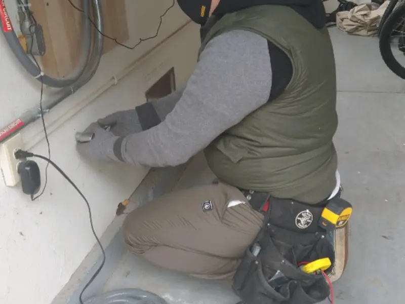 Electrician performing outlet wiring in a Chickasaw garage